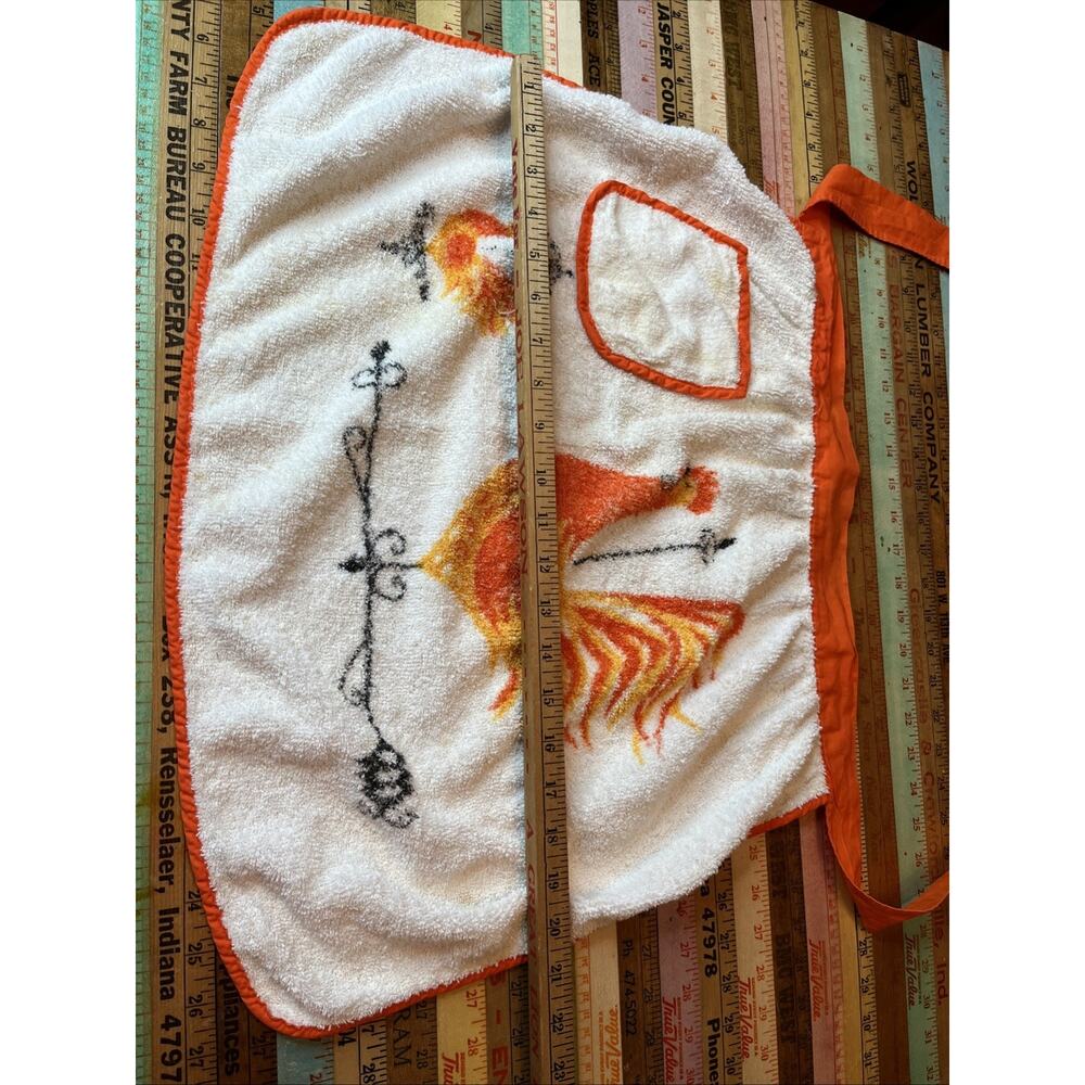 Vtg 60s Chicken Terry Cloth Waist Apron Retro BRIGHT COLORS ORANGE With Ties - Picture 5 of 7